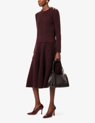 Bottega Veneta Womens Oxblood Melange Bouclé Flared Knitted Midi Skirt Xs In Burgundy