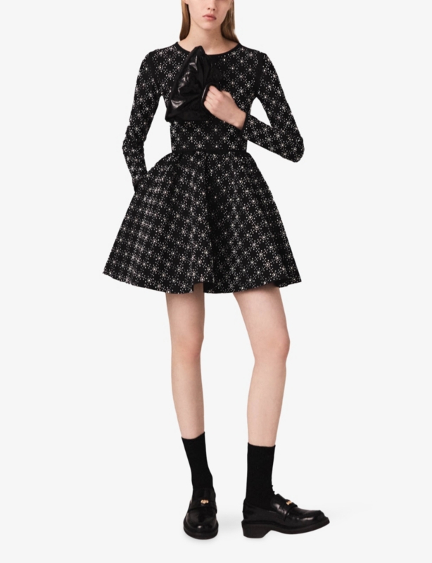 Pearl and Rhinestone-Embellished Stretch-Knit Skater Dress