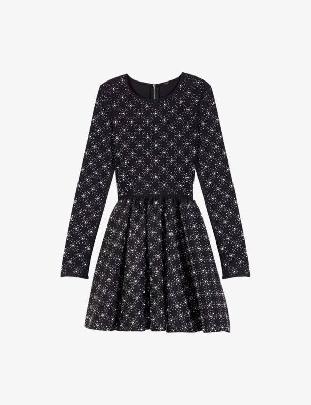 Pearl and Rhinestone-Embellished Stretch-Knit Skater Dress