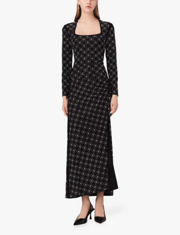 Beaded Rhinestone-Embellished Stretch-Woven Maxi Dress