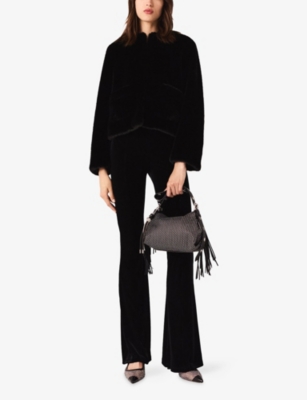 Maje Womens Flared Elasticated-waist Stretch-velour Trousers Black In Black