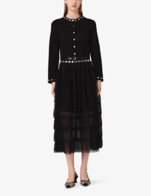 MAJE: Cropped Jewel-Embellished Stretch-Knit Cardigan