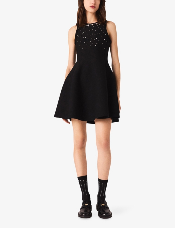 Rhinestone-Embellished Flared-Skirt Knitted Mini Dress