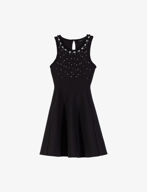 Rhinestone-Embellished Flared-Skirt Knitted Mini Dress