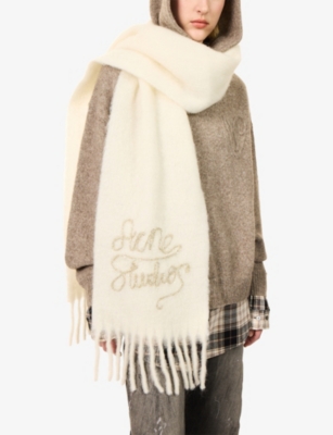 Acne Studios Womens  Brand-embroidery Wool-blend Scarf In White