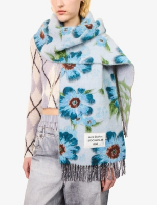 Acne Studios Womens  Fringed Floral Wool-blend Scarf In Blue