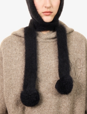 Acne Studios Womens  Pom-pom Ribbed Wool-blend Hooded Scarf In Black
