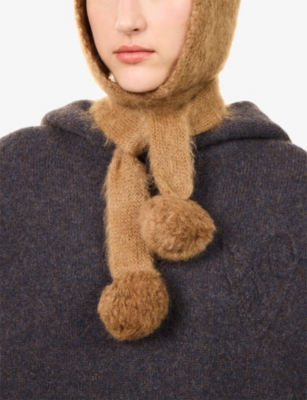 Acne Studios Womens  Pom-pom Ribbed Wool-blend Hooded Scarf In Brown