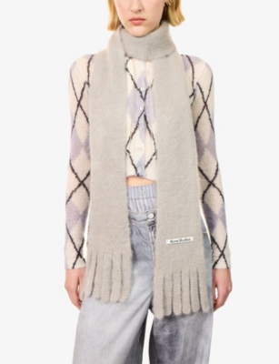 Acne Studios Womens Grey Skinny Fringe Wool Scarf In Pink
