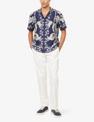 Orlebar Brown Maitan Floral Linen Bowling Shirt In Purple