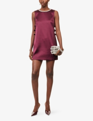 Self-portrait Womens Burgandy Crystal-chain Cut-out Satin Mini Dress In Burgundy