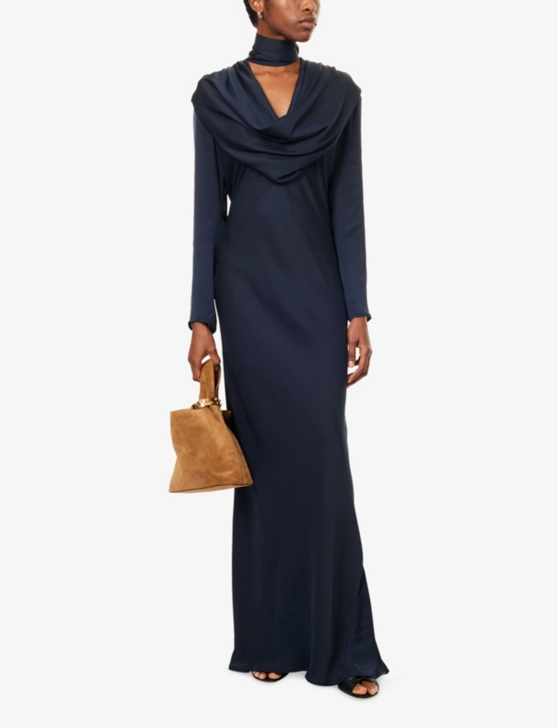 Long-Sleeve Draped Satin Maxi Dress