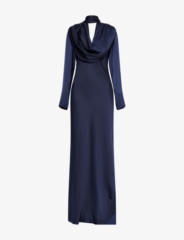 Long-Sleeve Draped Satin Maxi Dress