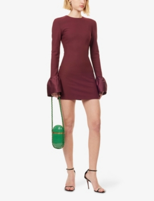 Rotate Birger Christensen Womens  Flared-cuffs Slim-fit Stretch-woven Mini Dress In Brown