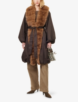 Rotate Birger Christensen Womens  Faux-fur-collar Belted Woven Coat In Brown