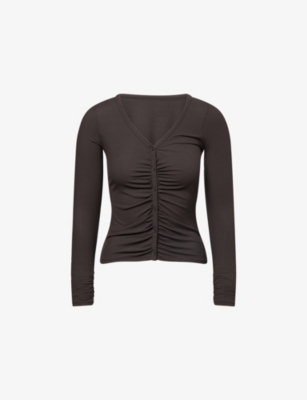 We Are Tala Omens Espresso 365 Sculpting Lounge Gathered Button-up Stretch-modal Cardigan Xs In Brown