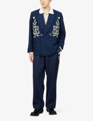KARTIK RESEARCH: Floral Motif Embroidered Double-Breasted Wool Blazer