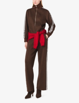 Maje Womens Dark Brown Zipped Side-stripe Stretch-jersey Sweatshirt In Brown