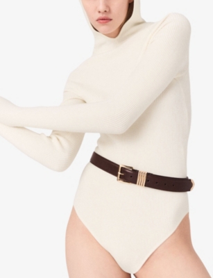 Maje Womens Ecru Hooded Long-sleeve Stretch-knit Bodysuit In White