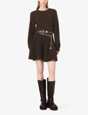 MAJE: Round-Neck Long-Sleeve Knitted Mini Dress