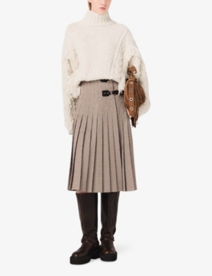 Maje Womens Brown Pleated Check-pattern Stretch-woven Midi Skirt In Brown