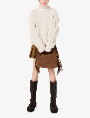 Maje Womens Ecru Fringed High-neck Wool-blend Jumper In Neutral
