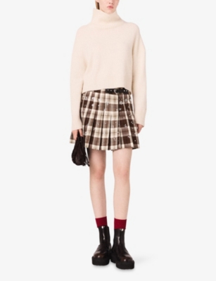 Maje Womens Big Brown Check Checked Rhinestone-embellished Cotton-blend Mini Skirt In Brown