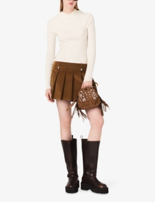 Maje Womens  Pleated Corduroy Mini Skirt In Brown
