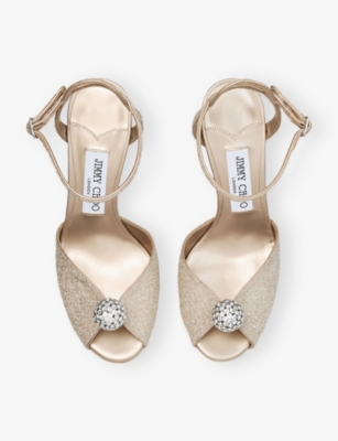 Jimmy Choo Womens Sacora 85 Glitter Leather Heeled Sandals Light Soft Gold/crys Eur 41 / 8 Uk In Animal Print