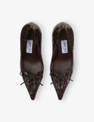 Jimmy Choo 95mm Scarlett Bow Croc-embossed Leather Pumps In Brown