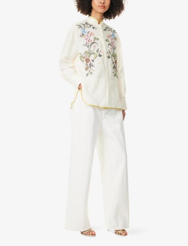 Floral-Embroidery Linen Shirt