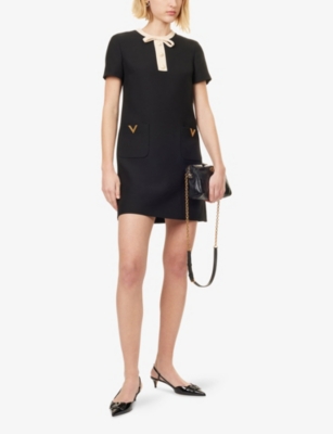 Valentino Womens  Garavani Bow-embellished Short-sleeves Wool And Silk Mini Dress