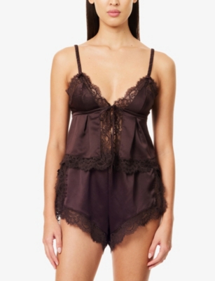 Lounge Womens Chocolate Lace-embroidered Satin Pyjama Shorts In Brown