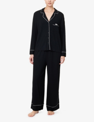 Lounge Womens Logo-patch Piping Stretch-jersey Pyjamas Top Black In Black