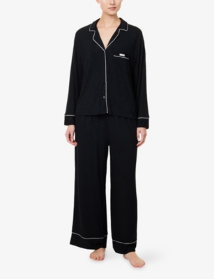 Lounge Womens Brand-patch Wide-leg Stretch-woven Pyjama Bottoms Black In Black