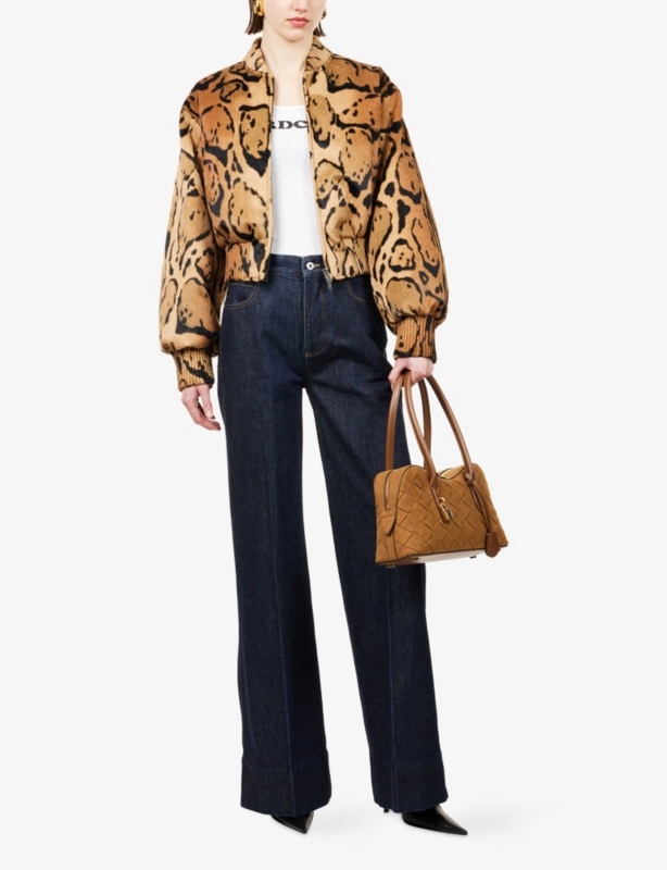 Leopard-Pattern Velvet Bomber Jacket