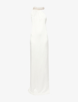 Stella Mccartney Womens Cream Embellished Halterneck Asymmetric Satin Dress In White