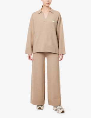 Lounge Womens Ribbed-trims Wide-leg Knitted Trousers Mink In Brown