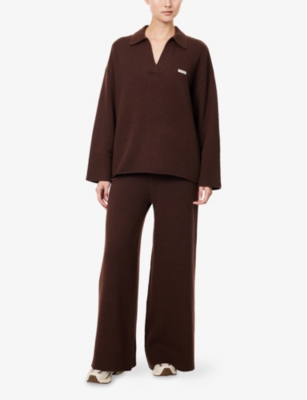 Lounge Womens V-neck Half-placket Cotton-wool Blend Jumper Chocolate Xs In Brown