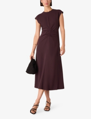 Whistles Womens Plum/claret Gathered Flared-skirt Stretch-woven Midi Dress In Burgundy