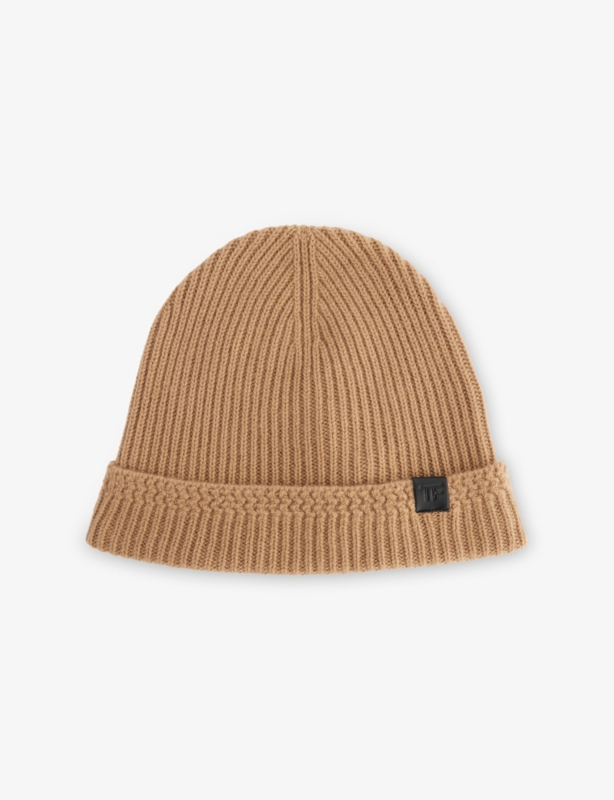 Branded-Tab Ribbed Cashmere Beanie Hat