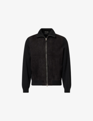 TOM FORD: Suede-Panel High-Neck Wool Cardigan
