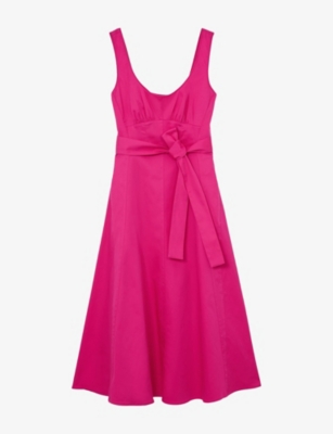 Womens Reiss Irina Belted-Waist Stretch-Cotton Midi Dress