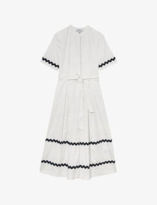 Womens Reiss Isabelle Wave-Trim Stretch-Cotton Midi Dress