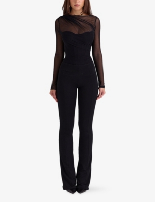 House Of Cb Womens Black Orelia Draped Stretch-mesh Bodysuit In Black