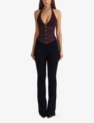 House Of Cb Womens  Lia Halterneck Satin Corset To In Burgundy