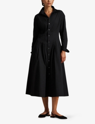 Polo Ralph Lauren Womens  Collared Long-sleeve Cotton Midi Dress In Black