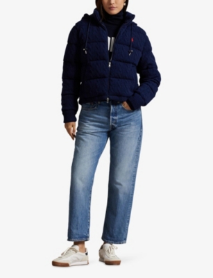 Polo Ralph Lauren Mens  Hooded Cable-knit Wool And Cashmere-blend Puffer In Blue