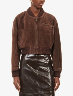 designer cropped suede bomber jacket for women