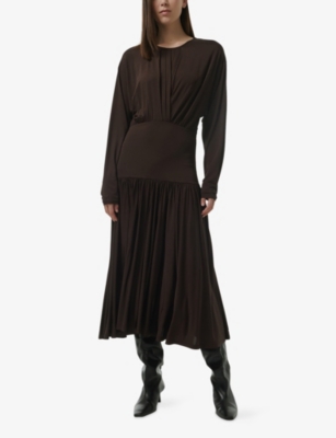 LEEM: Batwing-Sleeve Gathered Stretch-Woven Midi Dress